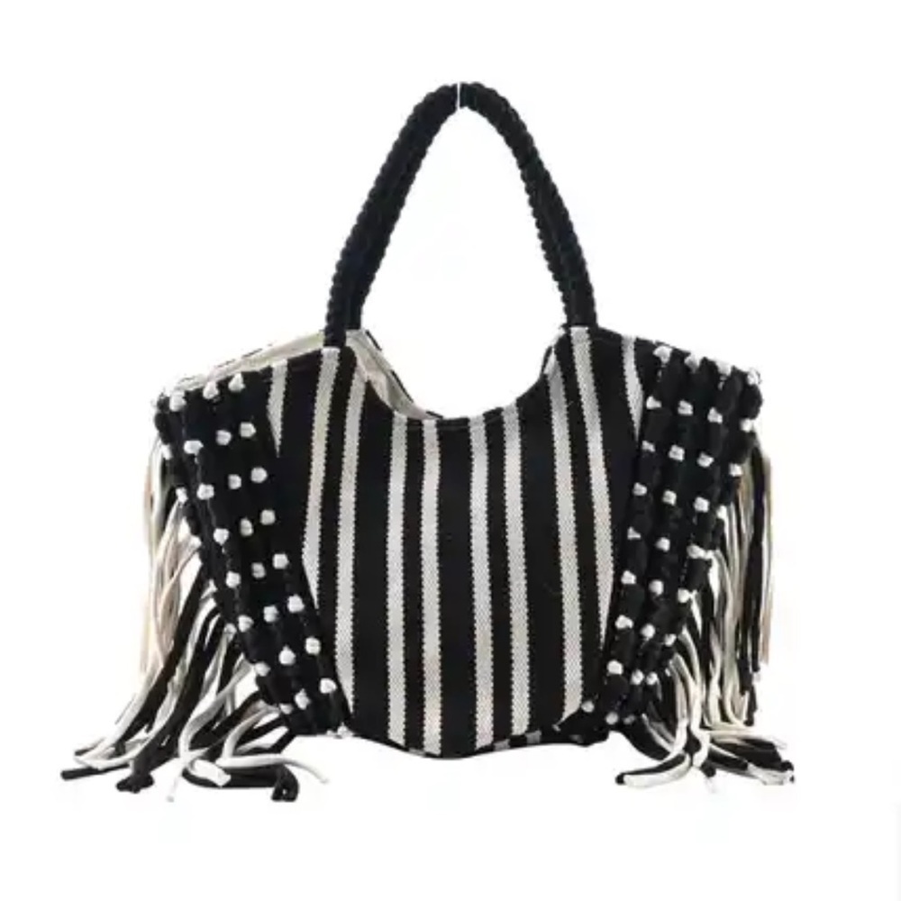 Black and white boho fringe tote
